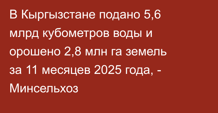 В Кыргызстане подано 5,6 млрд кубометров воды и орошено 2,8 млн га земель за 11 месяцев 2025 года, - Минсельхоз