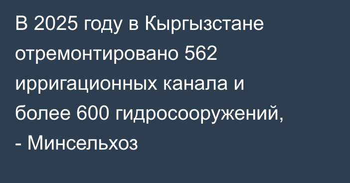 В 2025 году в Кыргызстане отремонтировано 562 ирригационных канала и более 600 гидросооружений, - Минсельхоз