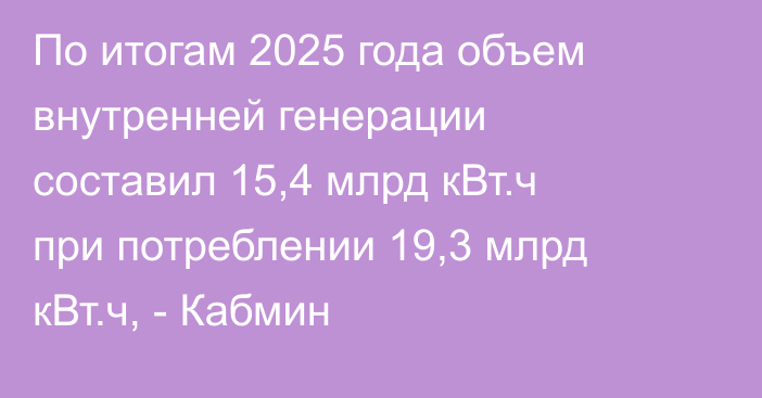 По итогам 2025 года объем внутренней генерации составил 15,4 млрд кВт.ч при потреблении 19,3 млрд кВт.ч, - Кабмин