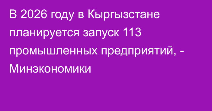 В 2026 году в Кыргызстане планируется запуск 113 промышленных предприятий, - Минэкономики