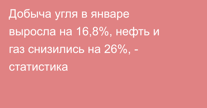 Добыча угля в январе выросла на 16,8%, нефть и газ снизились на 26%, - статистика