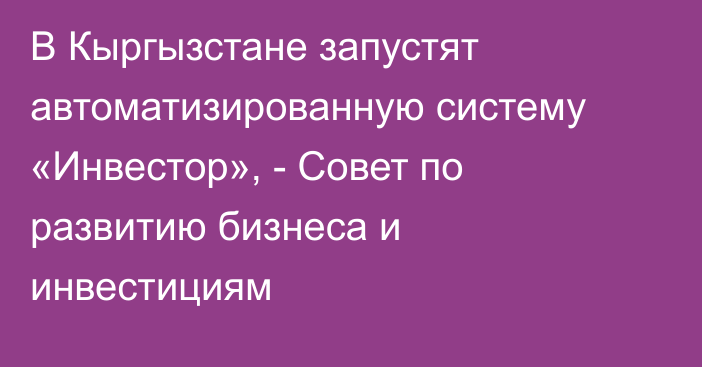 В Кыргызстане запустят автоматизированную систему «Инвестор», - Совет по развитию бизнеса и инвестициям 