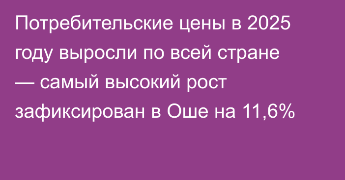 Потребительские цены в 2025 году выросли по всей стране — самый высокий рост зафиксирован в Оше на 11,6%