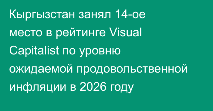 Кыргызстан занял 14-ое место в рейтинге Visual Capitalist по уровню ожидаемой продовольственной инфляции в 2026 году