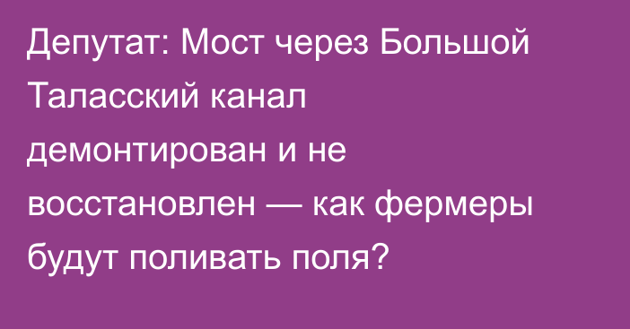 Депутат: Мост через Большой Таласский канал демонтирован и не восстановлен — как фермеры будут поливать поля?