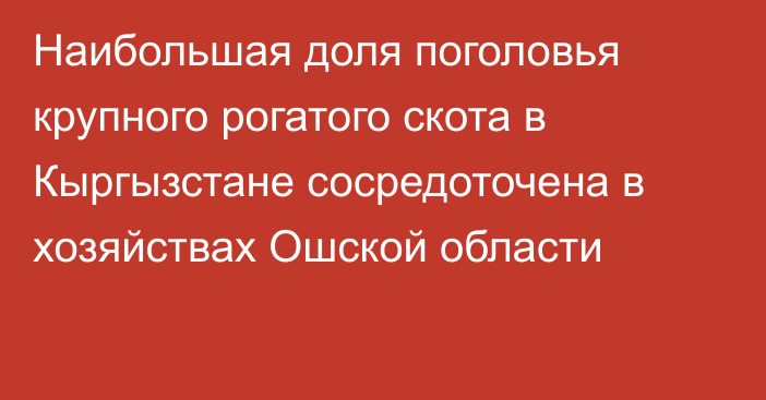 Наибольшая доля поголовья крупного рогатого скота в Кыргызстане сосредоточена в хозяйствах Ошской области