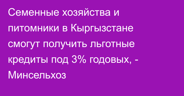 Семенные хозяйства и питомники в Кыргызстане смогут получить льготные кредиты под 3% годовых, - Минсельхоз