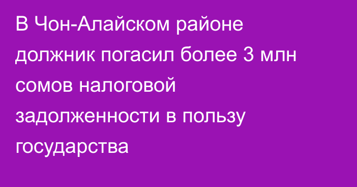 В Чон-Алайском районе должник погасил более 3 млн сомов налоговой задолженности в пользу государства