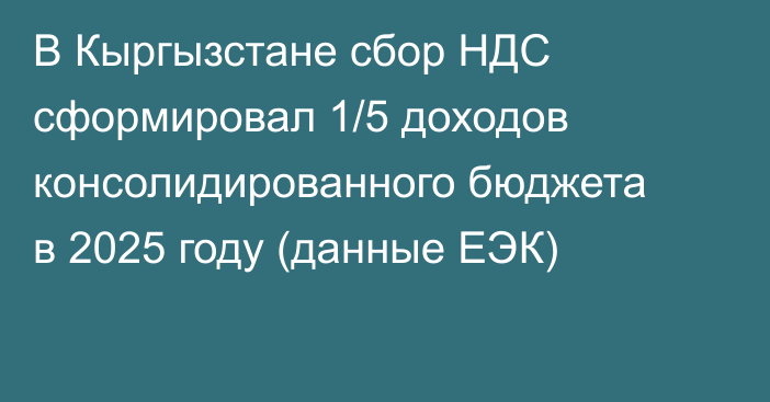 В Кыргызстане сбор НДС сформировал 1/5 доходов консолидированного бюджета в 2025 году (данные ЕЭК)