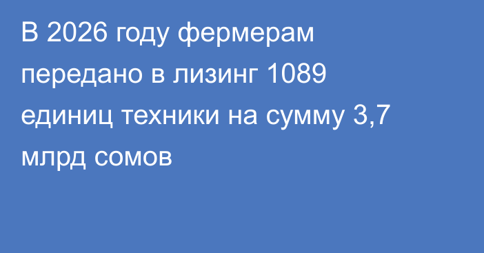 В 2026 году фермерам передано в лизинг 1089 единиц техники на сумму 3,7 млрд сомов