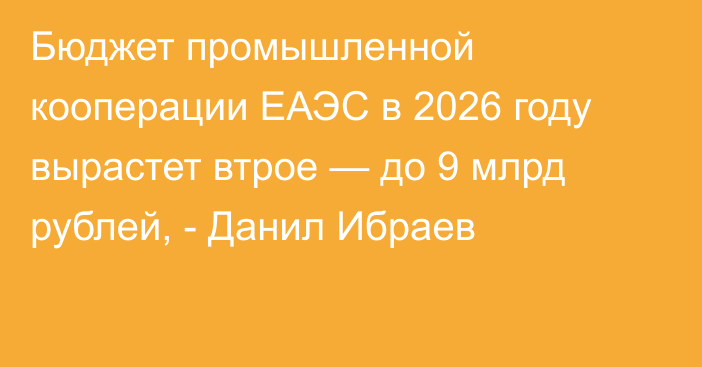 Бюджет промышленной кооперации ЕАЭС в 2026 году вырастет втрое — до 9 млрд рублей, - Данил Ибраев