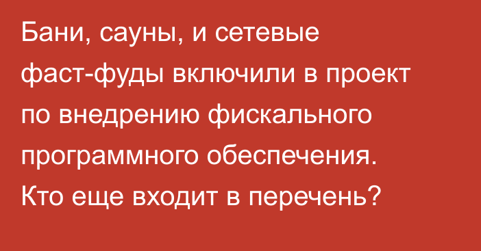 Бани, сауны, и сетевые фаст-фуды включили в проект по внедрению фискального программного обеспечения. Кто еще входит в перечень?