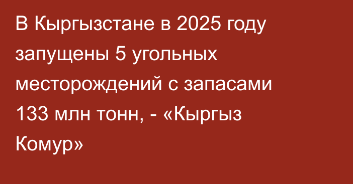 В Кыргызстане в 2025 году запущены 5 угольных месторождений с запасами 133 млн тонн, - «Кыргыз Комур»