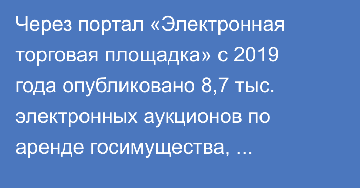 Через портал «Электронная торговая площадка» с 2019 года опубликовано 8,7 тыс. электронных аукционов по аренде госимущества, состоялось 2,1 тыс.
