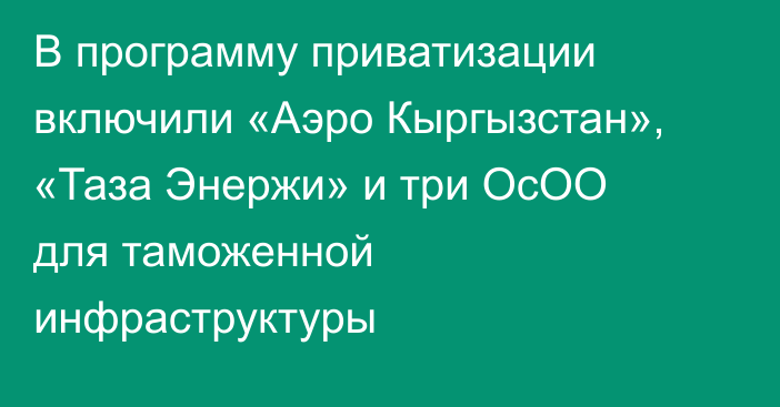 В программу приватизации включили «Аэро Кыргызстан», «Таза Энержи» и три ОсОО для таможенной инфраструктуры